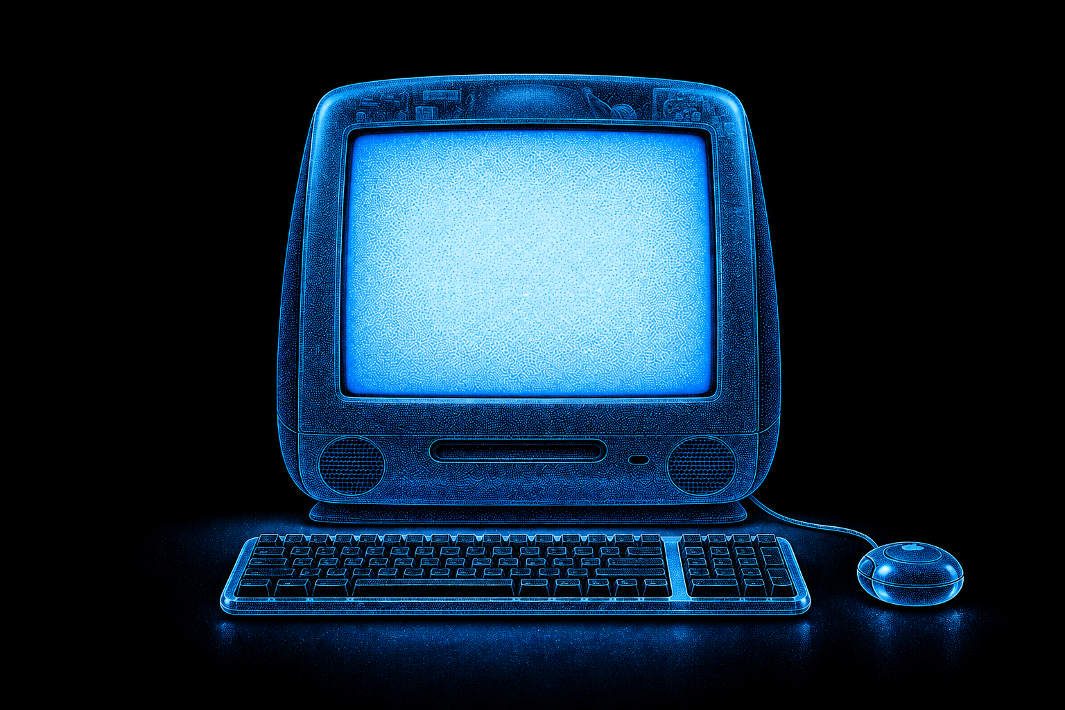 A glowing blue dot iMac with a translucent upper shell, keyboard, and puck mouse on a dark desk